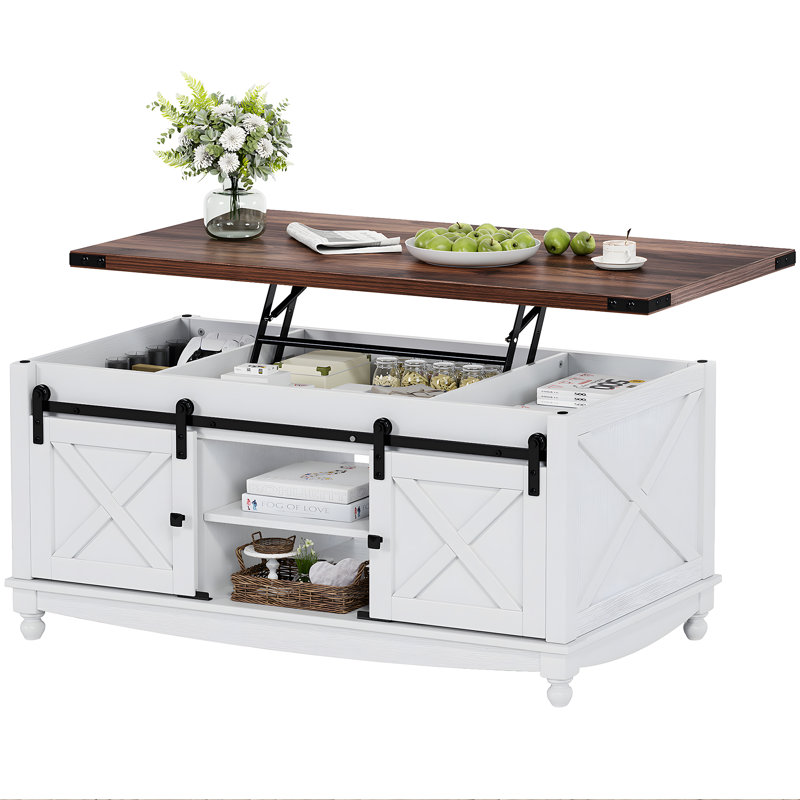 Givens Farmhouse Lift Top Coffee Table With Storage Sliding Barn Door, White