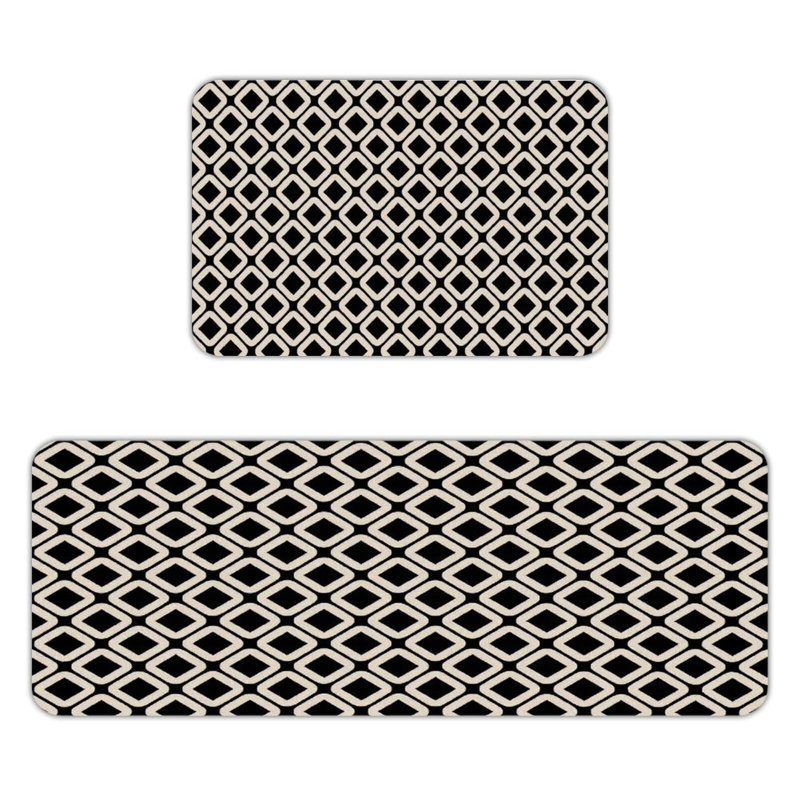 Black White Diamond Pattern Kitchen Laundry Room 2 PC Kitchen Mats Set