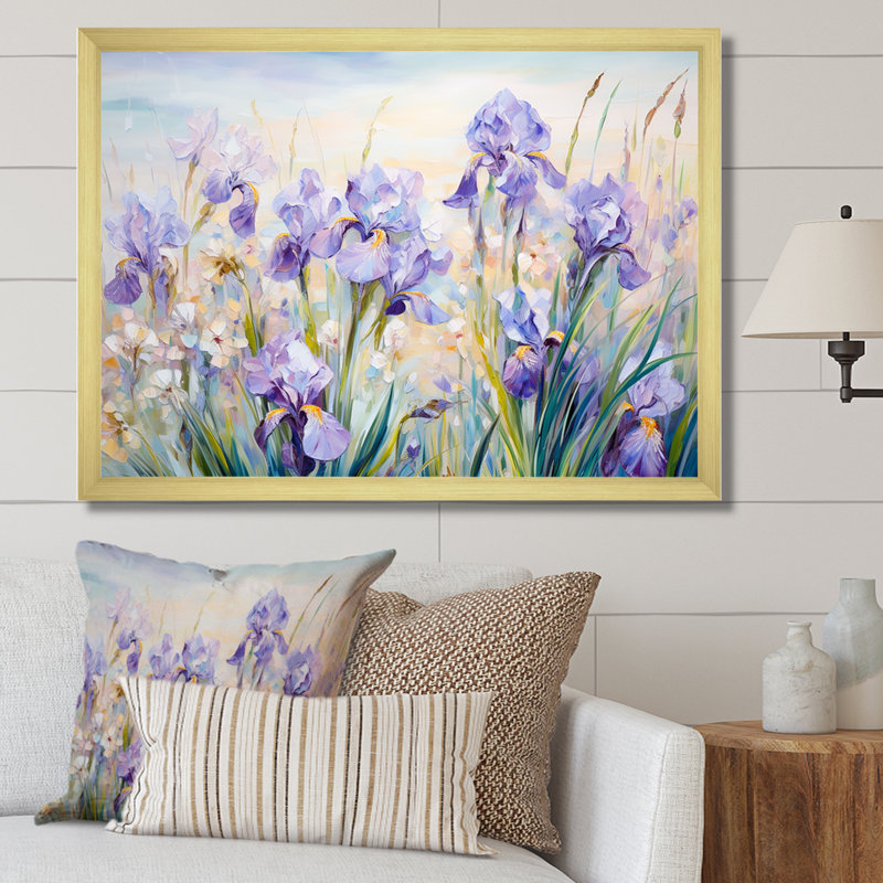 Mauve iris, charme champêtre - fleurs, art mural, H 34 po x l 44 po x P 1,5 po, Cadre doré simple