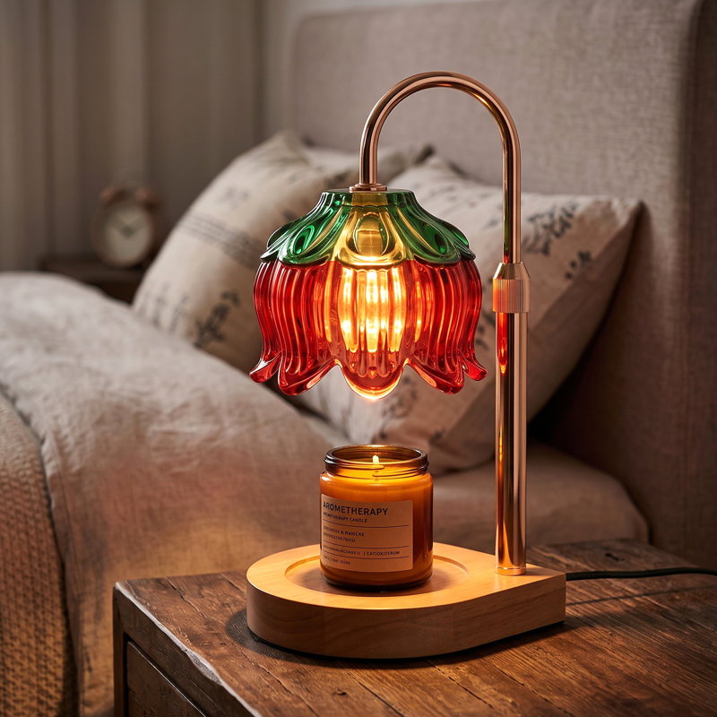 Lampe chauffe-bougie à intensité variable avec abat-jour en verre violet arrière en forme de fleur et minuterie, purple
