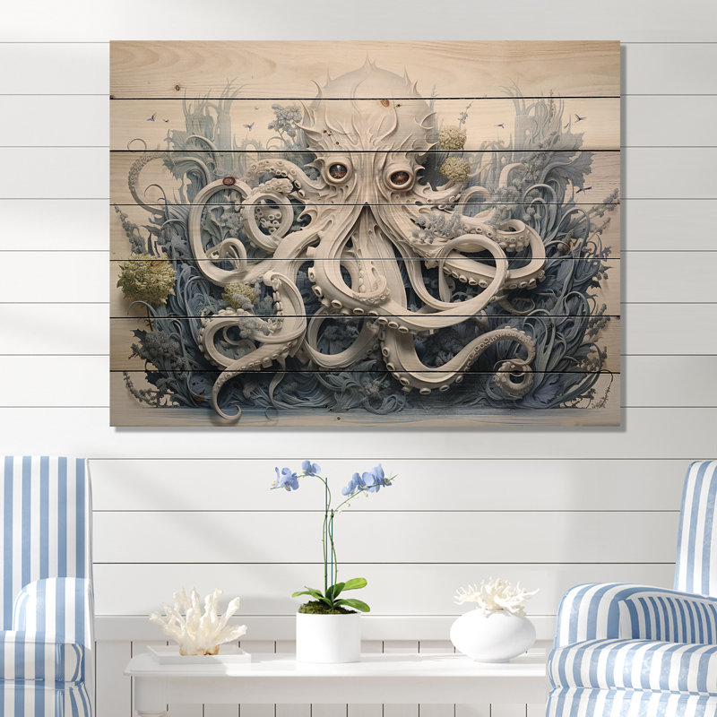 Marine Life Octopus Magic Animals - Marine Animals Wood Wall Art On Natural Pine Wood, 30" H x 40" W