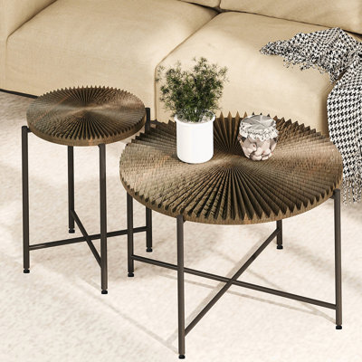 Pattern 2-Piece Coffee and End Table Set â€“ Waterproof MDF with PVC Cover, Distressed Cylindrical Design, Black Metal Legs â€“ Classic Rustic Charm