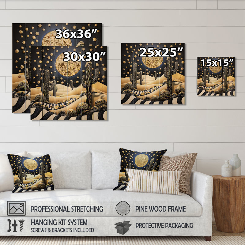 Glam Desert Sunset avec cactus - décor mural en bois paysage mondial sur bois de pin naturel, H 15 po x l 15 po
