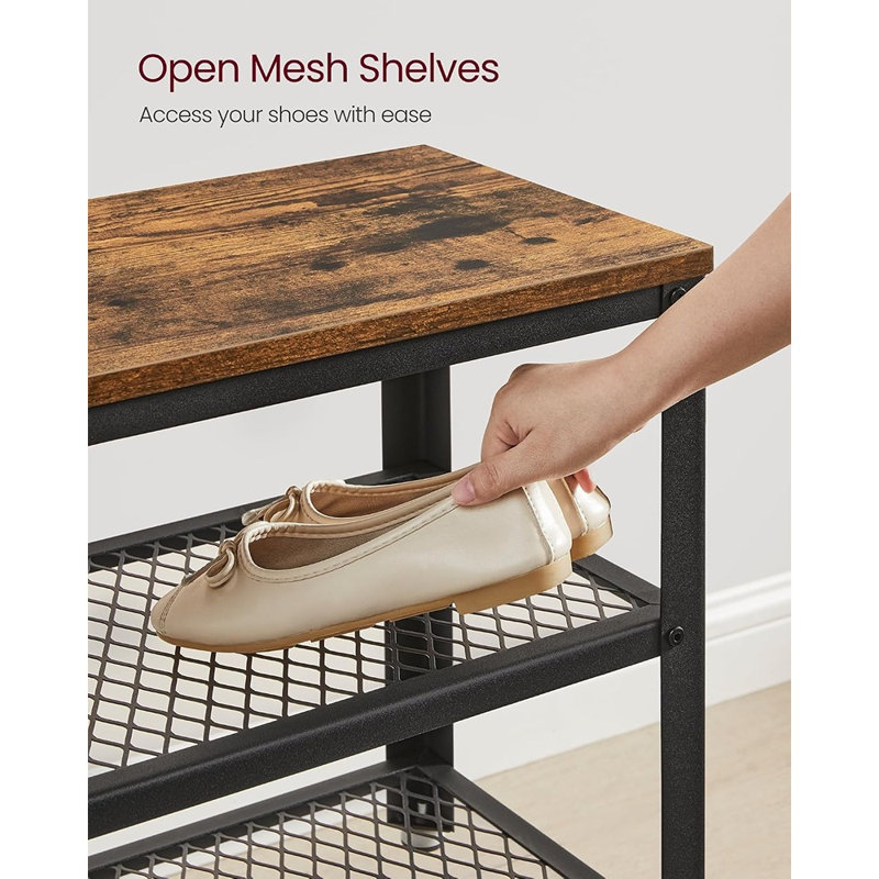 Étagère à chaussures à 3 niveaux, organisateur de chaussures de hall d'entrée autoportant avec tablettes en filet et siège confortable, brun rustique et noir