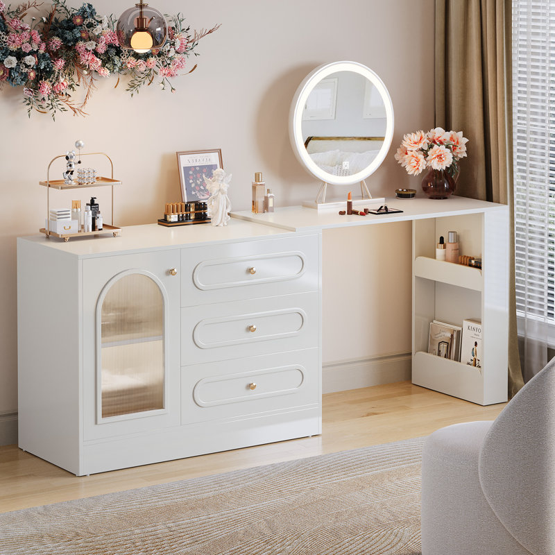 Modern Corner Vanity Desk with Storage, L-Shaped Makeup Vanity with Rotating Tabletop & Cabinet