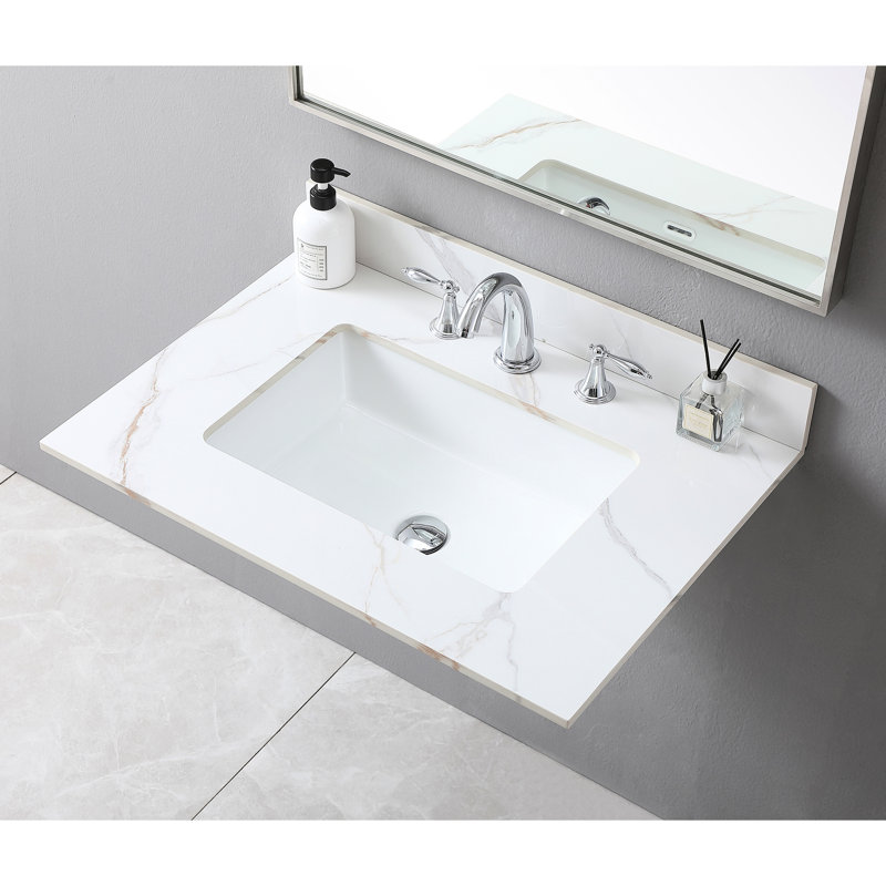Dessus de meuble-lavabo or 31 pouces, pierre frittée, évier et dosseret en céramique, comptoir élégant 31 "en or, avec lavabo, conception délicate