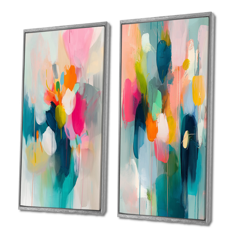 Ensemble de 2 pièces d'art mural rose rose et minimalisme Fludity III, H 40 po x l 40 po, Cadre argenté flottant