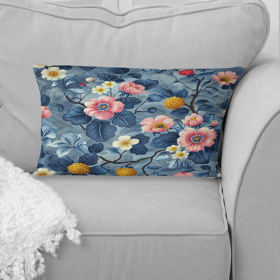 Coussin lombaire à motif floral bleu et rose I