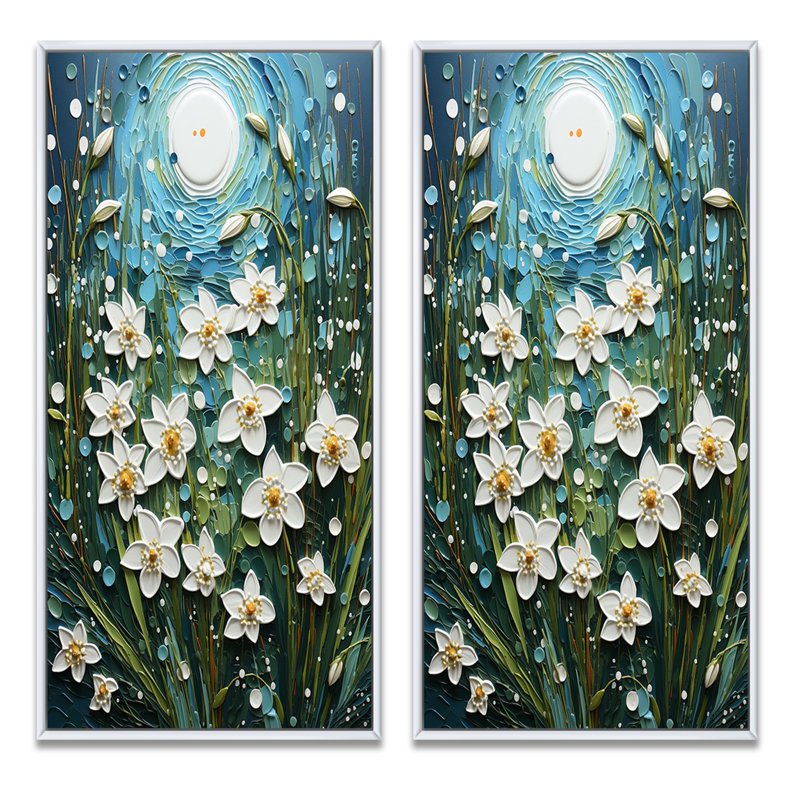 «White Snowdrops Field Pointillism», 2 pièces, Cadre blanc, H 24 po x l 20 po