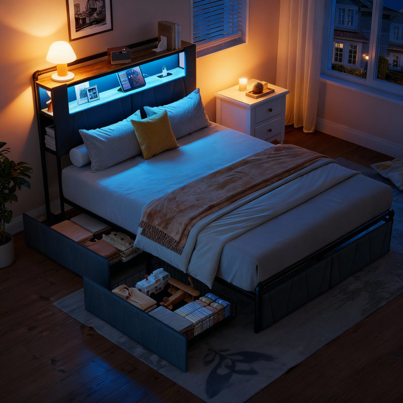 Upholstered Bed Frames With Headboard & 2 Drawers, Led Lights And Charging Station, Gray, Queen