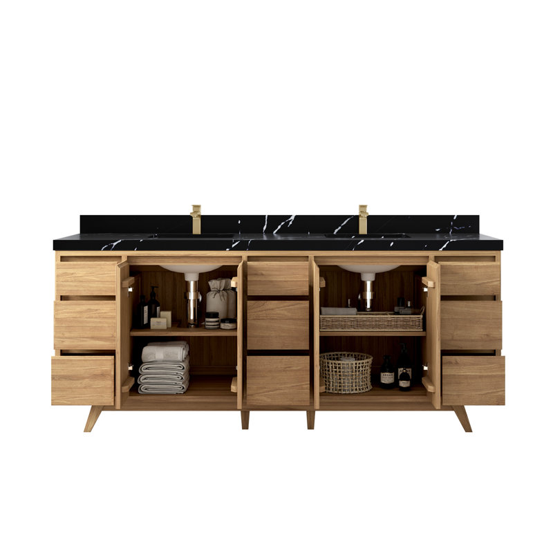 84'' Double Bathroom Vanity with Quartz Top, Calacatta Black, Natural