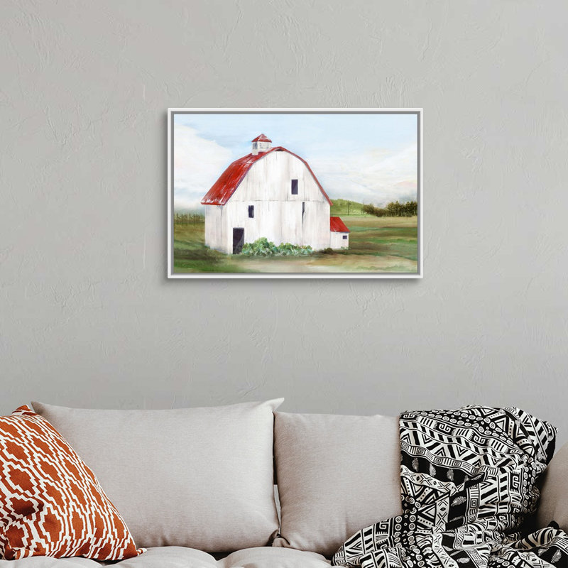 «Red Barn I» par Isabelle Z - reproduction d'art sur toile, H 22 po x l 32 po x P 1,75po, Toile encadrée flottée blanche
