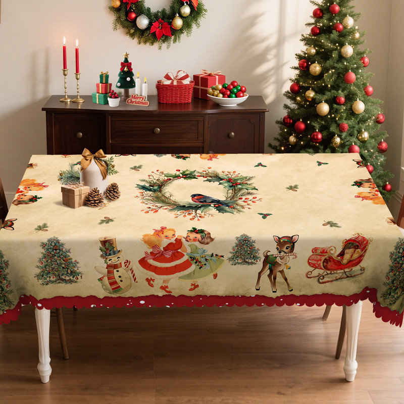 Christmas Reindeer and Tree Pattern Washable Polyester Tablecloth, 86.6" L x 70.8" W
