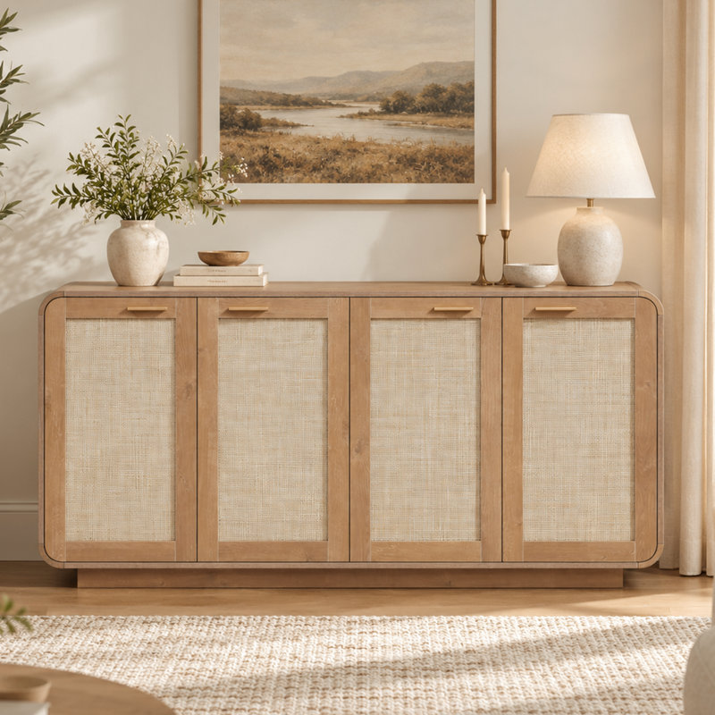 Buffet de rangement d'angle arrondi en rotin Wabi Sabi avec base intégrée pour salon, cuisine et salle à manger, Caramel