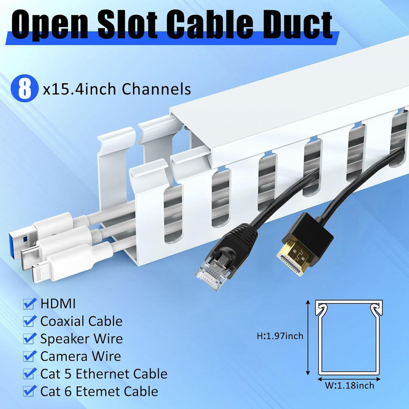 8 Pack White Open Slot Cable Raceway, 123" Total Wiring Duct 1.18 x 1.57", Desk Cord Track for Hiding Computer Cables