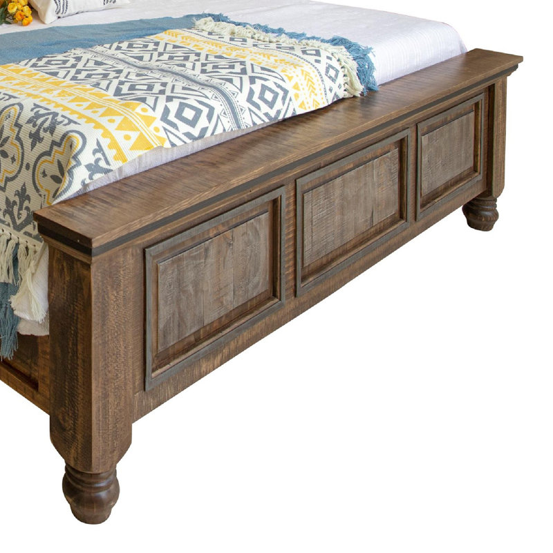 Sim Bed, Carved Details, Rustic Pine Wood, King, White;Gray