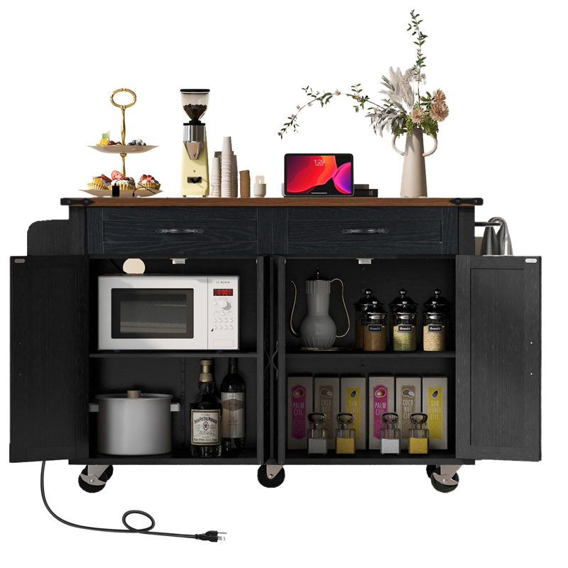53.5''Farmhouse Kitchen Island With Power Outlet, Black