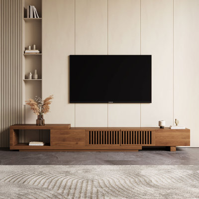 Expandable TV Stand Cabinet (2m-2.6m), Modern Slatted Walnut Finish, for 75-100 Inch TVs, Large Media Unit with Cable Ports & Ample Storage  for Living Room & Bedroom  