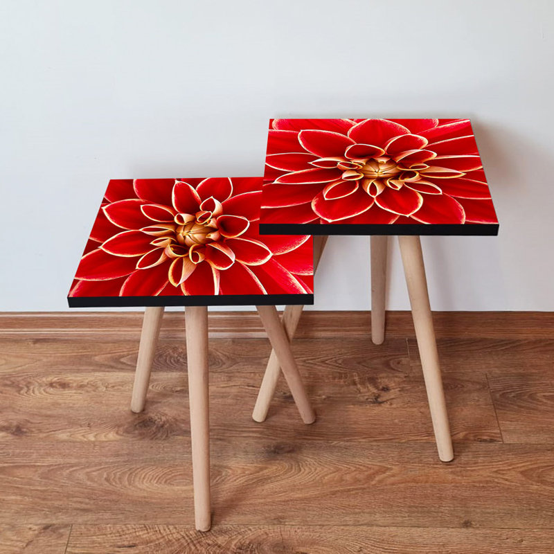 Ensemble de tables gigognes modernes (2 pièces), rouge et jaune, 13,8 x 18,5 x 13,8 pouces (grand), 13,8 x 16,5 x 13,8 pouces (petit) | 100% panneau de fibres à densité moyenne avec pieds en bois de hêtre, design floral élégant pour la décoration du salon et du bureau