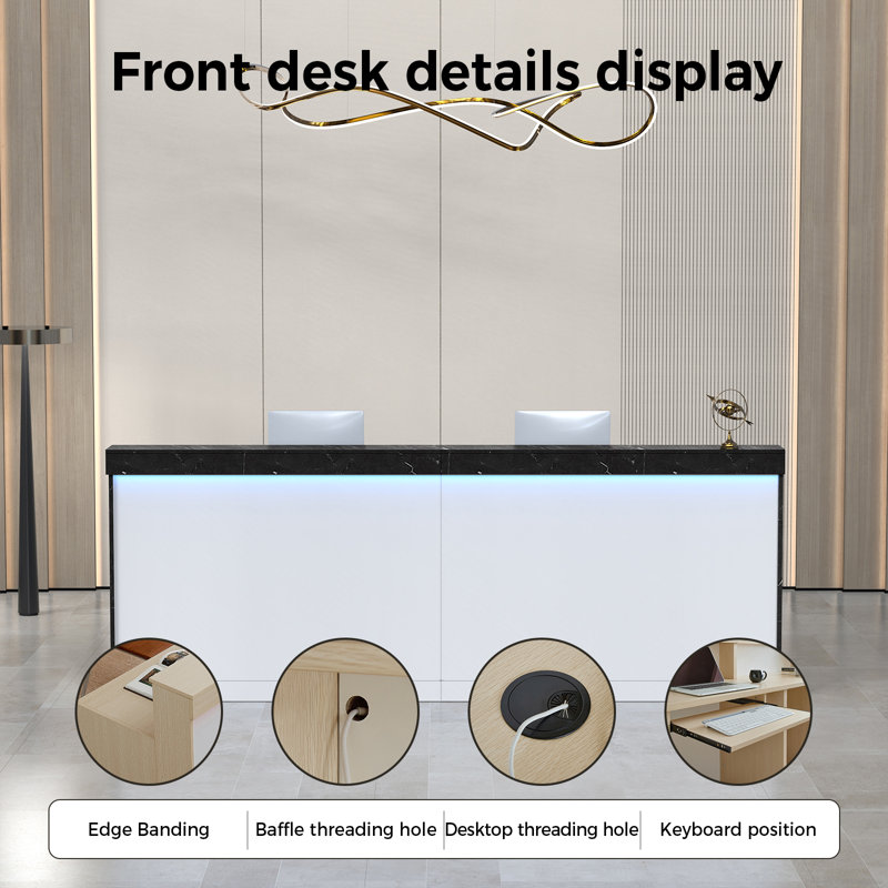 Modern Ergonomic Reception Desk With LED Lighting, Black Marble, 39.37'' H X 70.87'' W X 23.62'' D