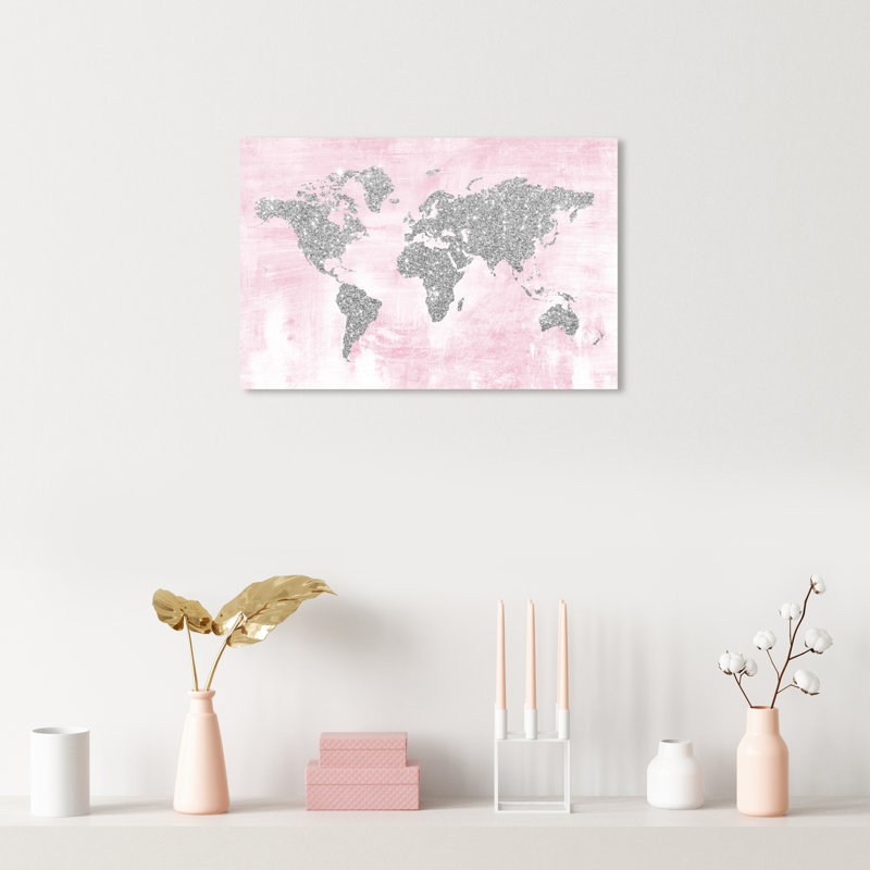 Carte pailletée rose et argentée, carte du monde pailletée, toile moderne rose pour salon - cadre photo sur toile flottante