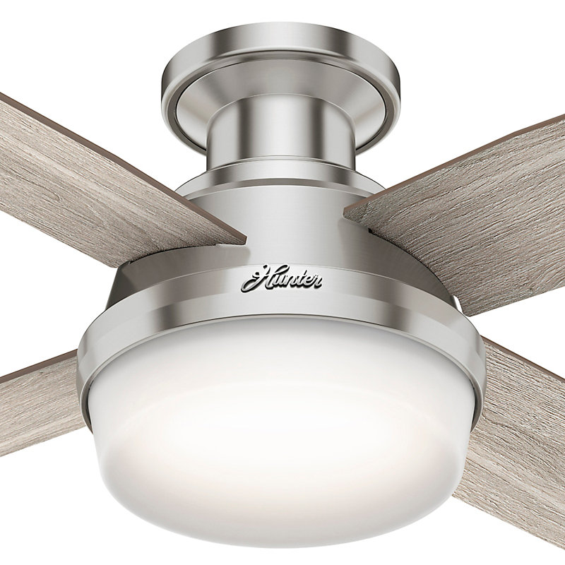 Dempsey Low Profile 44" 4 - Blade Indoor Flush Mount Small Room Ceiling Fan with Lights and Remote, Light Gray/Natural Oak