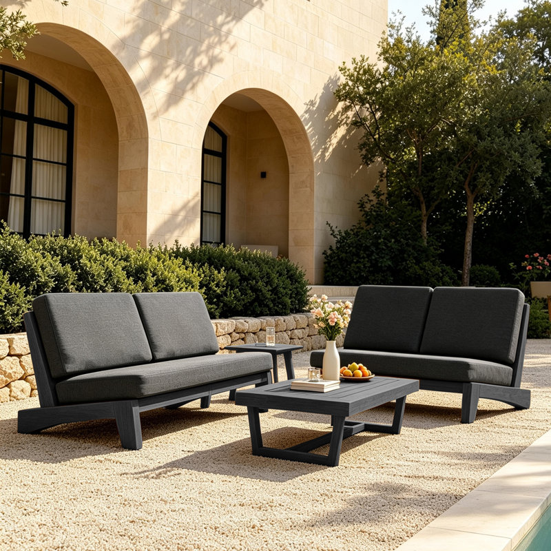 Ensemble de conversation extérieur Polett en bois massif, 4 Pcs: 2 Tables, Loveseats, Sofa, Gris foncé, Black