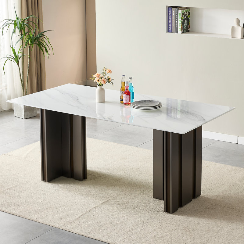Table de salle à manger rectangulaire 69,3 "avec plateau en verre trempé imitation marbre