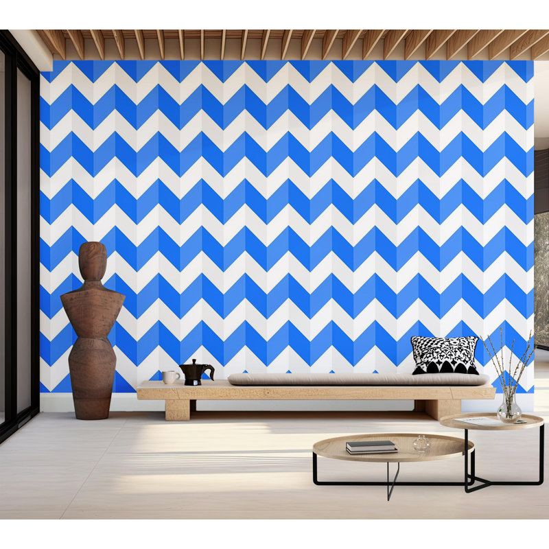 Papier peint de qualité supérieure - Motif à chevrons bleus, L 96 po x l 120 po