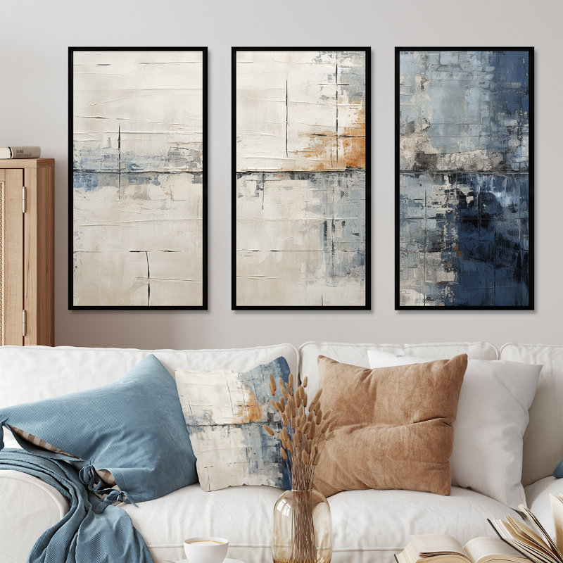 Abstract Blue Beige Road Collage II - Abstract Collages Canvas Wall Art Set, Black Floater Framed, 40" H x 60" W x 1" D