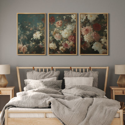 «Romantiques Floral Bouquet with Soft blanc and Blush Flowers», reproduction d'art sur toile encadrée 3 pièces
