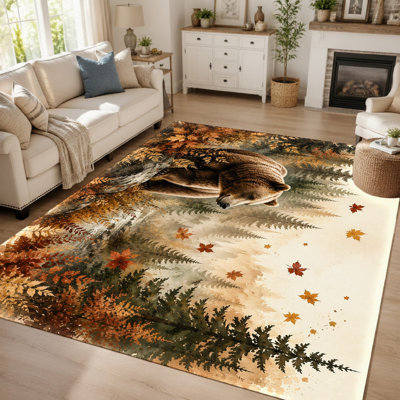 1Pcs Forest Bear Theme Rug - Artistic Woodland Design, Cozy Sleep Graphic, Watercolor Nature Print, Autumn Leaf Scatter, Non-Slip, Washable Floor Decor for Living Room, Bedroom, Office for home detor