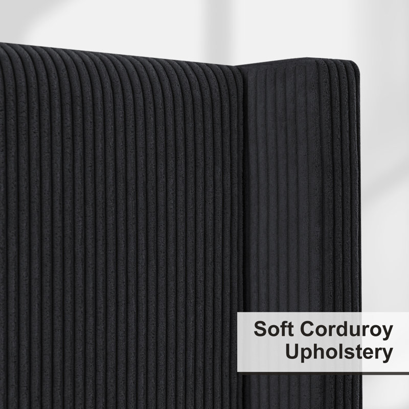 Queen Black Corduroy Upholstered Wingback Platform Bed