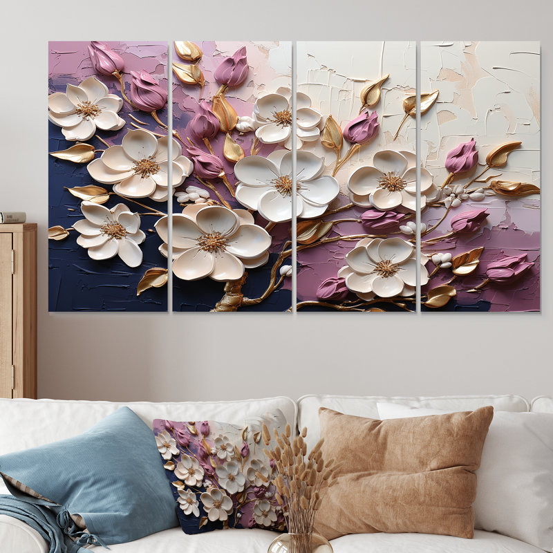 Blanc et mauve coquelicots - ensemble d'art mural floral abstrait 4 pièces, H 28 po x l 48 po