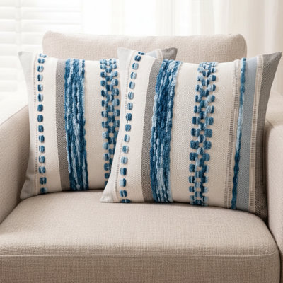 Sky Blue Neutral Tone Striped Square Chenille Pillow Covers, 2 Pack Boho Farmhouse Decorative Cushion Covers For Sofa And Bed