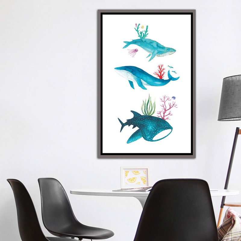 Créatures de l'océan - impression, Pas de tapis, H 60 po x l 40po x P 1,5 po, Toile avec cadre en bois gris