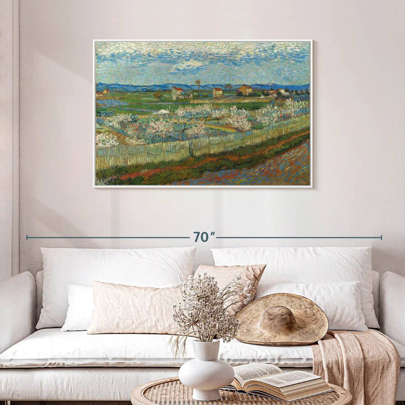 Pêcher en fleur, 43 po x 29 po, Cadre flottant blanc