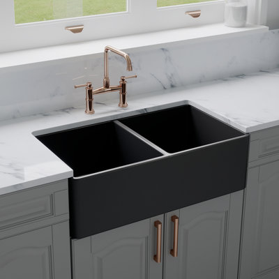Crestwood Fireclay 33"" x 18"" Double Basin Farmhouse Kitchen Sink -  CW-CL-332-DBL-CHARCOAL