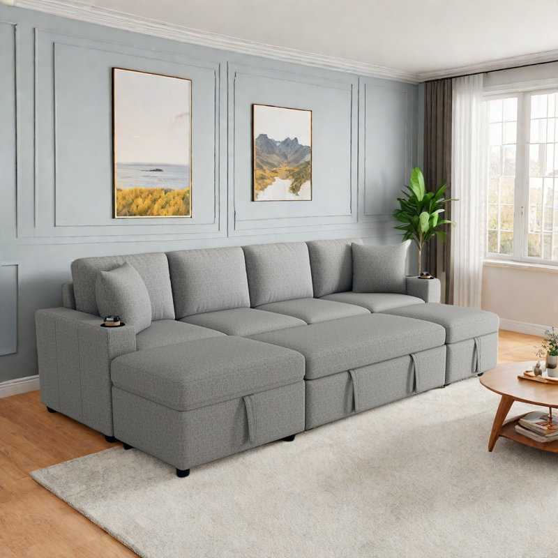 Convertible Sectional Sofa With A Movable Storage Ottoman, Grey
