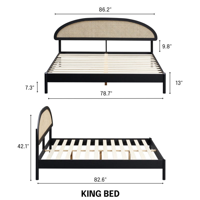  Structure de lit en bois massif Gem avec tête de lit et rotin naturel, capacité de 1000 lb, Très grand lit, Noir brûlé