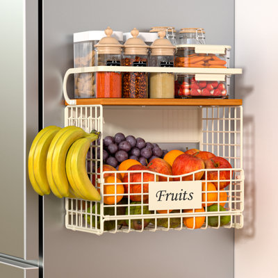 White DIY Tag Magnetic Refrigerator Organizer with Wood Lid, Metal Spice Rack and Hanging Storage Basket for Fridge Single