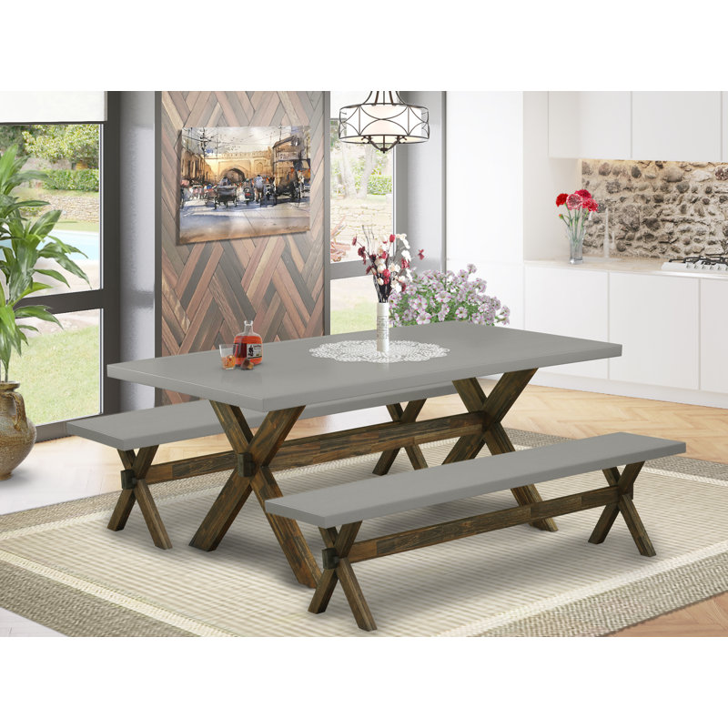 Ensemble de coin repas 3 pièces pour petits espaces comprenant une table de salle à manger rectangulaire avec pieds en X et 2 bancs de table, finition de base jacobine vieillie