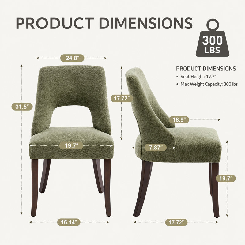 Chaise de salle à manger rembourrée en chenille de 31,5 po de largeur avec pieds incurvés en bois massif (ensemble de 2) vert