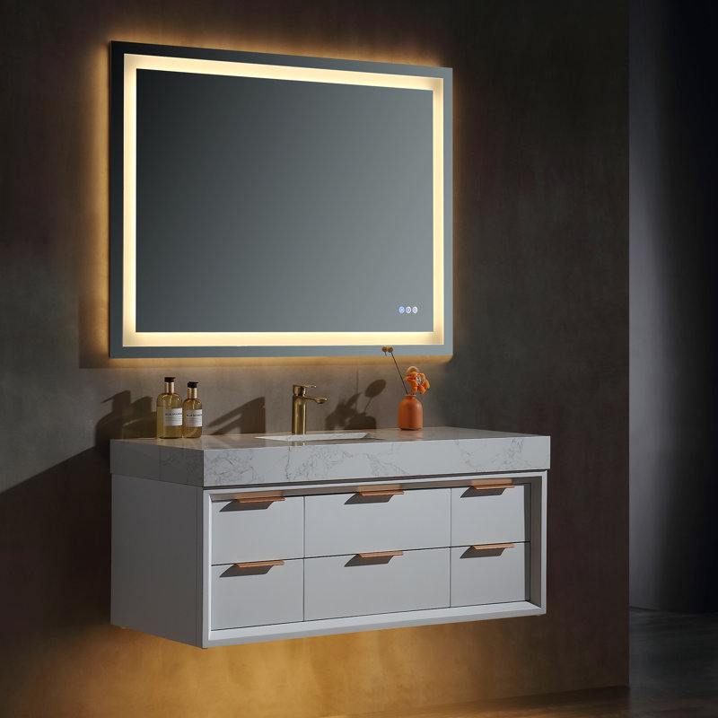 Ensemble de meuble-lavabo mural simple 48 po avec plateau en pierre reconstituée et lumière 48 po (pré-assemblé), Blanc
