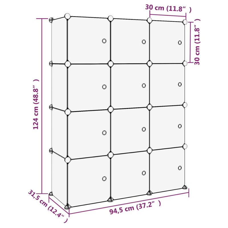 12 Pair Shoe Storage Box, 124cm H x 94.5cm W x 31.5cm D, Black/Clear