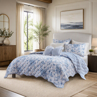 Ensemble de courtepointe réversible à motif floral 4 pièces pour lit double/queen avec coussin décoratif 229 x 229 cm