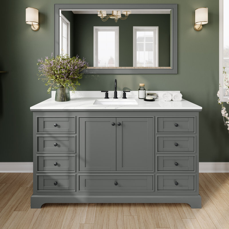 Ensemble de meuble-lavabo simple avec comptoir en quartz Deborah, Quartz blanc, Blanc, Noir mat