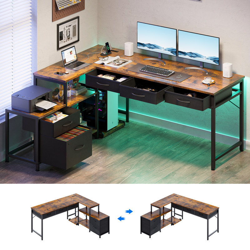Home Office Desk With File Drawer & Power Outlet, Computer Desk With 3 Drawer, Storage Shelves, Corner Desk With Printer Cabinet