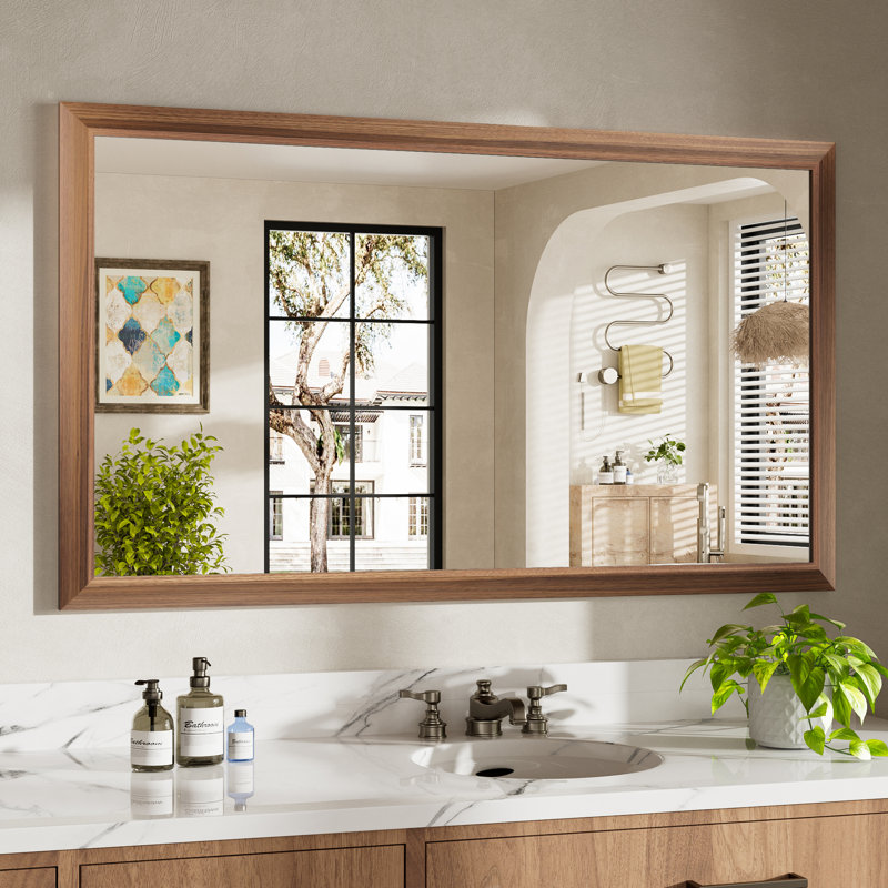 Miroirs de salle de bain modernes et contemporains en métal biseauté rectangulaire / carré avec verre trempé HD, Bois brun