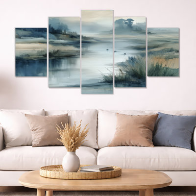 Blue And Grey Foggy Morning River Run - River Canvas Art, Blue Wall Art 5 Piece